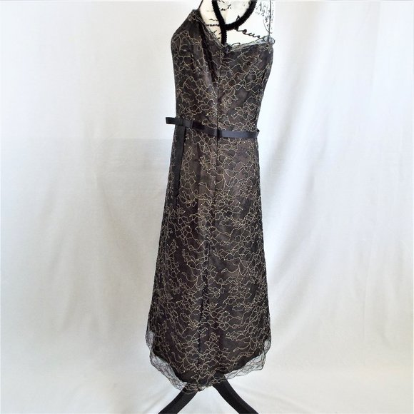 Laundry by Shelli Segal Black Lace w/ Brown Underlay Spaghetti Strap Dress Sz 10 - Picture 4 of 9